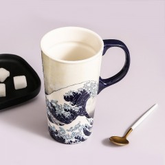 爱屋格林大英博物馆IP联名款马克杯陶瓷咖啡杯杯垫大容量水杯子办公室茶杯创意早餐牛奶杯礼盒装 神奈川冲浪里-陶瓷高款马克杯